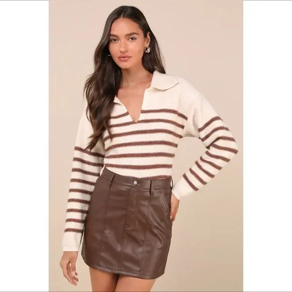 Daze Vegan faux leather high rise mini skirt brown straight new 27 4 - Picture 1 of 4